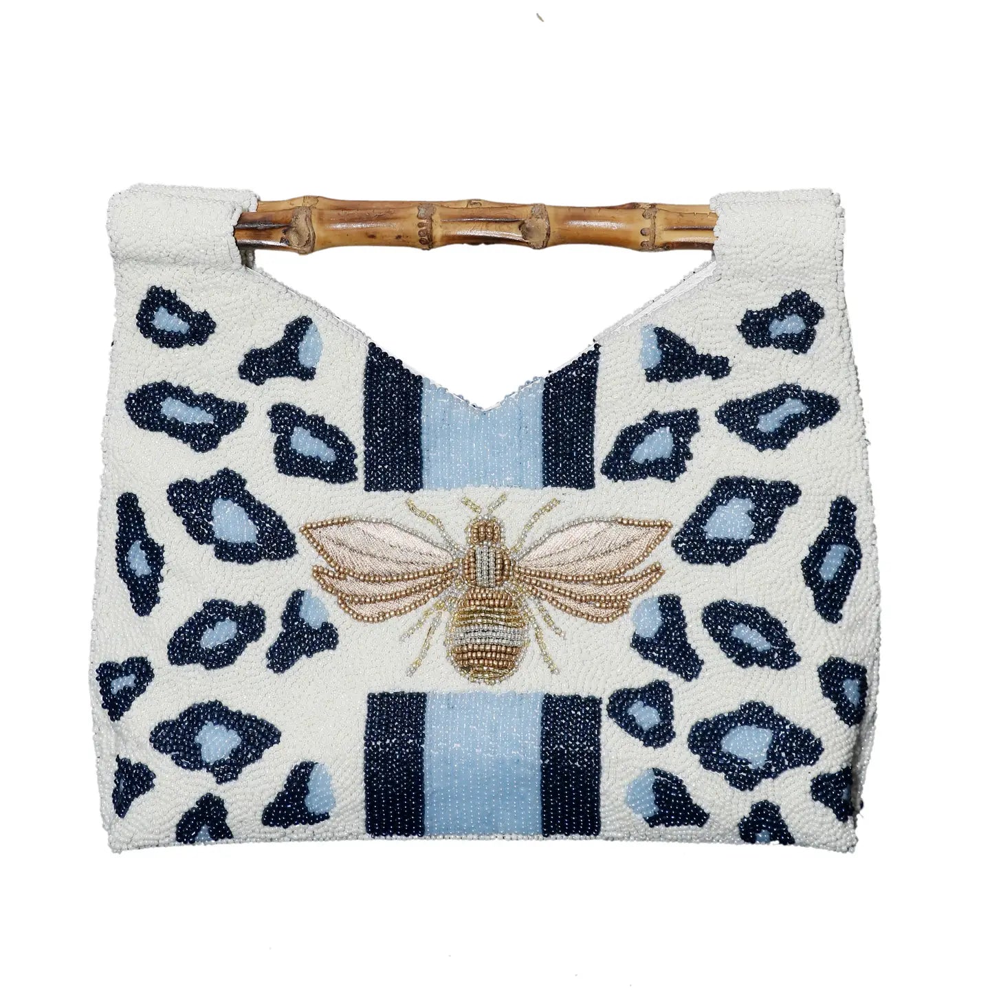 Blue Leopard & Bee Bamboo Handle Beaded Clutch Bag