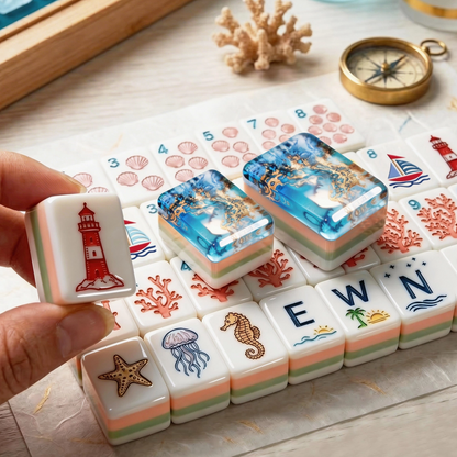 Blue Ocean American Mahjong set with colorful coastal tiles featuring lighthouse, seashell, coral, seahorse and nautical designs