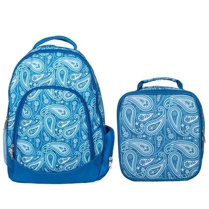 A blue backpack and matching lunch bag set with a white paisley pattern, shown on a plain white background.
