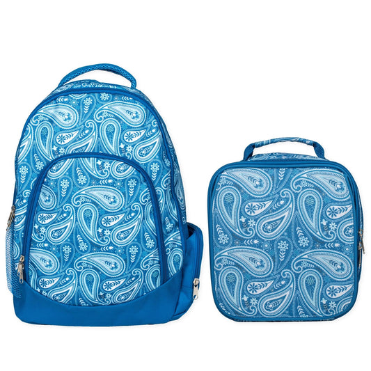 A blue backpack and matching lunch bag set with a white paisley pattern, shown on a plain white background.