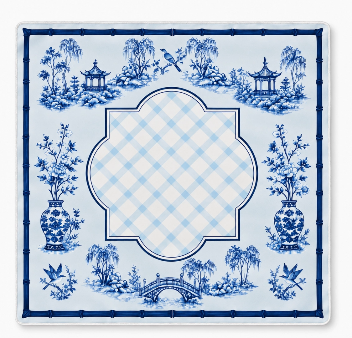 Ellison + Young Blue Porcelain 31-inch Mahjong mat showing cushioned neoprene surface, non-slip backing and roll-up construction