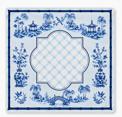 Ellison + Young Blue Porcelain 31-inch Mahjong mat showing cushioned neoprene surface, non-slip backing and roll-up construction