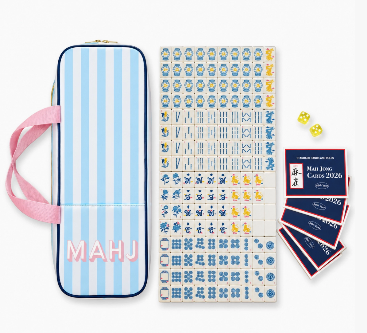 Blue Porcelain Mahjong set with 160 blue and white acrylic tiles, striped MAHJ carry bag, dice and 2026 Mah Jong cards