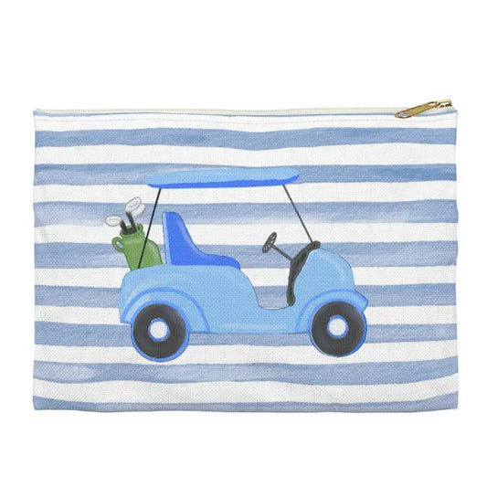 Striped pouch with a blue golf cart and golfer design on a white background