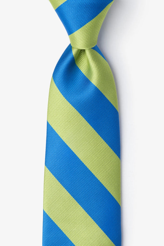 Blue and green striped tie on a white background