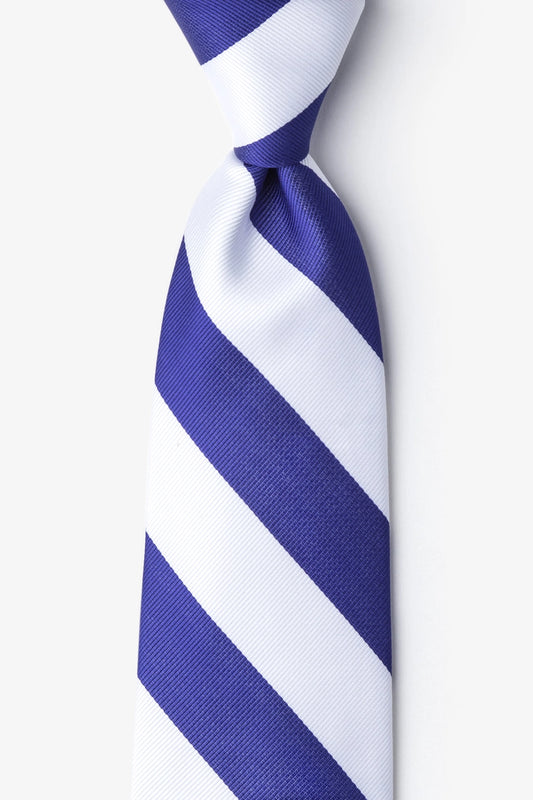 Blue and white striped tie on a light gray background