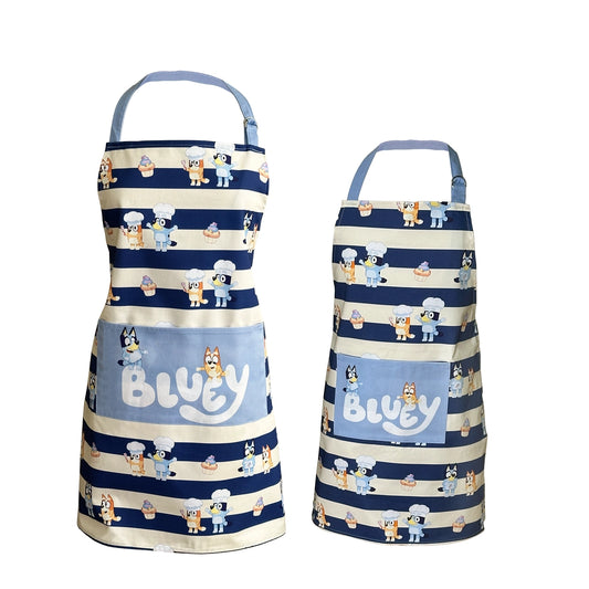 Two aprons with blue and white striped pattern and cartoon characters on a white background