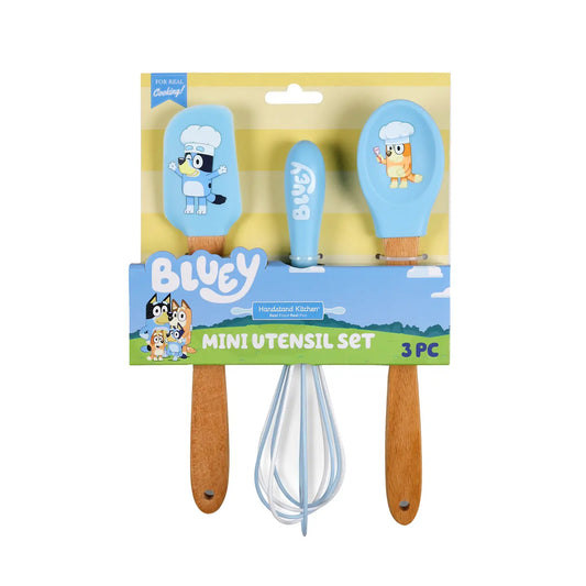 Bluey mini utensil set packaging with wooden handles and a whisk on a white background