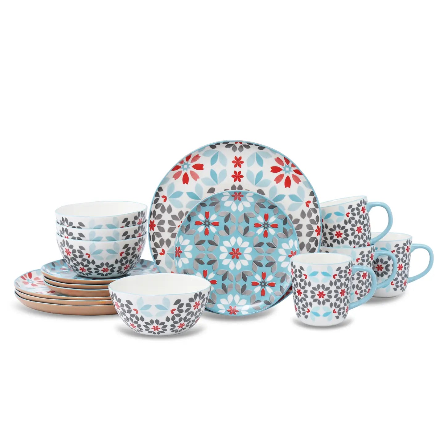 A 16-piece ceramic dinnerware set with a blue, red, gray, and white floral pattern, including plates, bowls, and mugs, displayed on a clean white background.