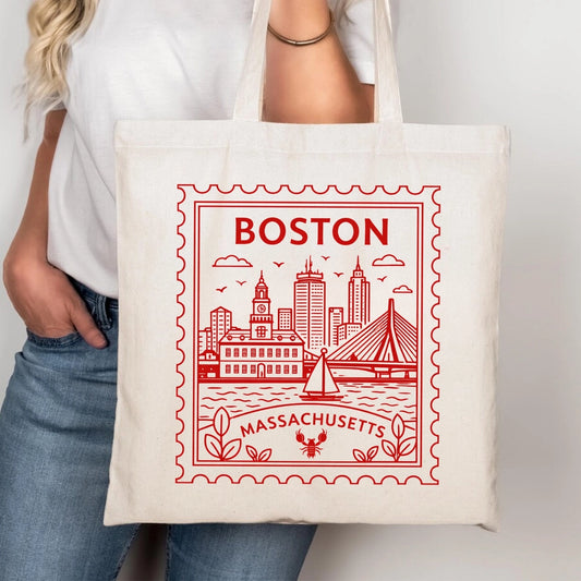 Tote bag with Boston design held by a person