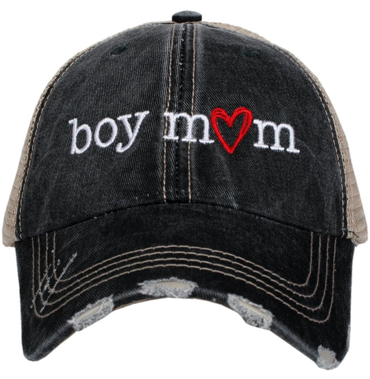 Boy Mom Red Heart Distressed Trucker Hats
