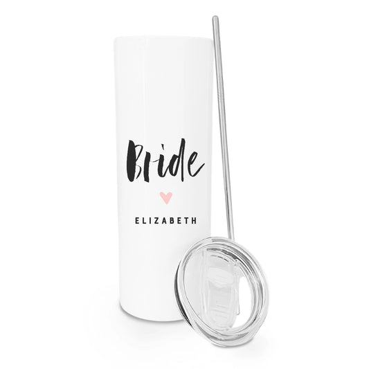 White tumbler with 'Bride' and a heart, personalized with 'ELIZABETH', on a white background.