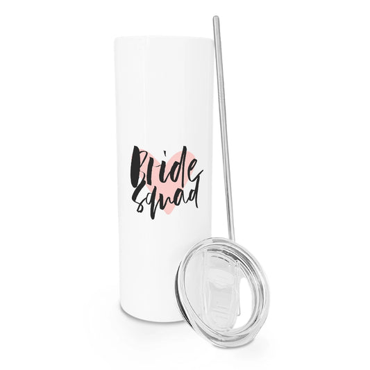 White tumbler with 'Bride Squad' text and a straw on a white background