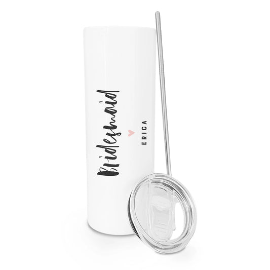 White tumbler with 'Bridesmaid' text and a straw on a white background