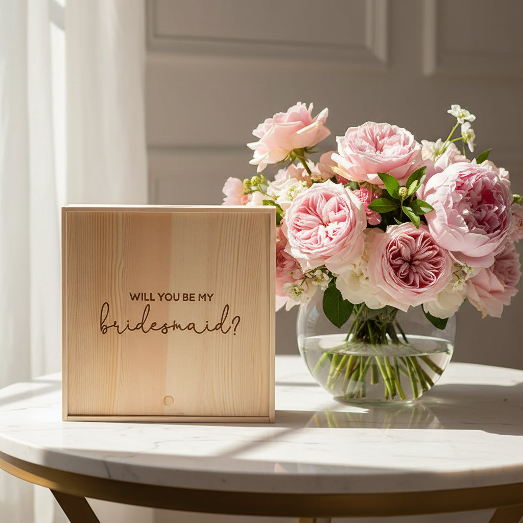 Wooden box with 'Will you be my bridesmaid?' text on a white background