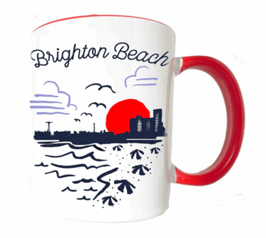 Mug with 'Brighton Beach' text and coastal design on a white background