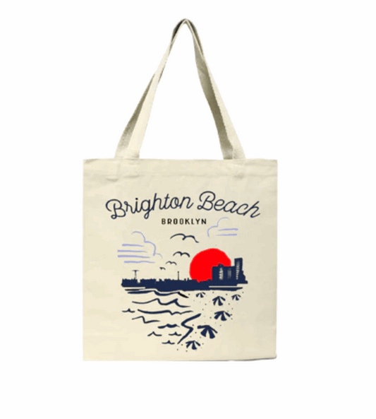 Tote bag with 'Brighton Beach Brooklyn' design featuring a sunset and skyline.