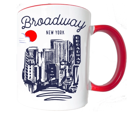 Mug with 'Broadway New York' design featuring a city skyline and red handle on a white background