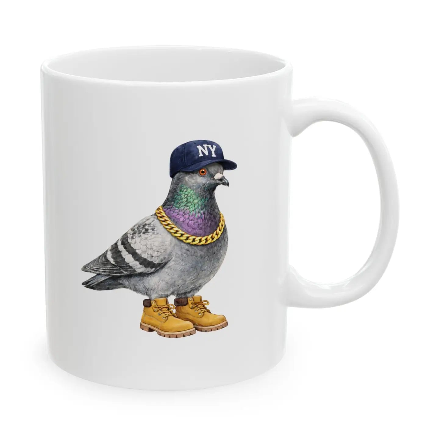 A white ceramic mug featuring a graphic illustration of a pigeon wearing a navy blue baseball cap with 'NY' on it, a gold chain necklace, and yellow work boots.