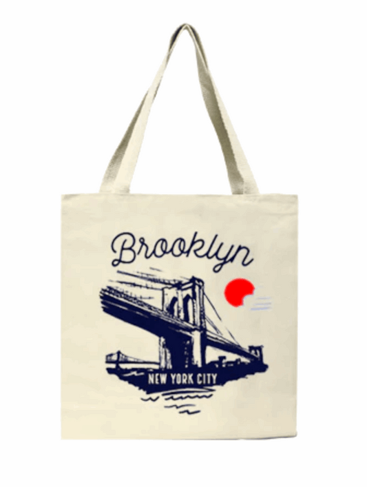 Tote bag with Brooklyn Bridge design and 'Brooklyn New York City' text on a white background