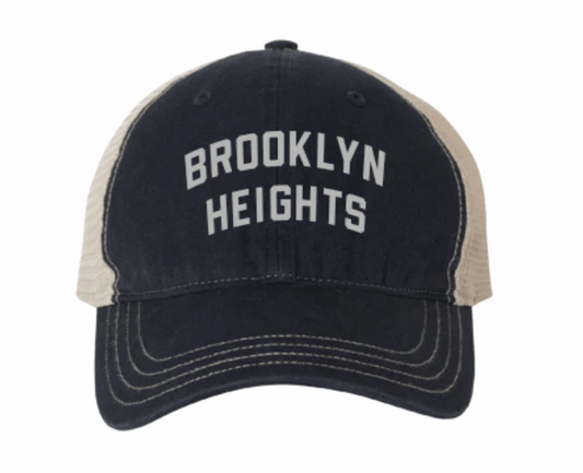 Navy blue and beige cap with 'Brooklyn Heights' text on a white background