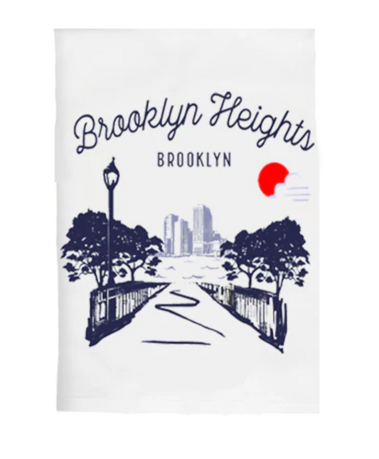 Tea towel with 'Brooklyn Heights, Brooklyn' text and skyline illustration.