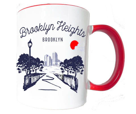 Mug with 'Brooklyn Heights, Brooklyn' text and cityscape design on a white background
