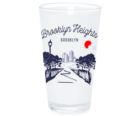 Clear glass with 'Brooklyn Heights, Brooklyn' text and cityscape design on a white background