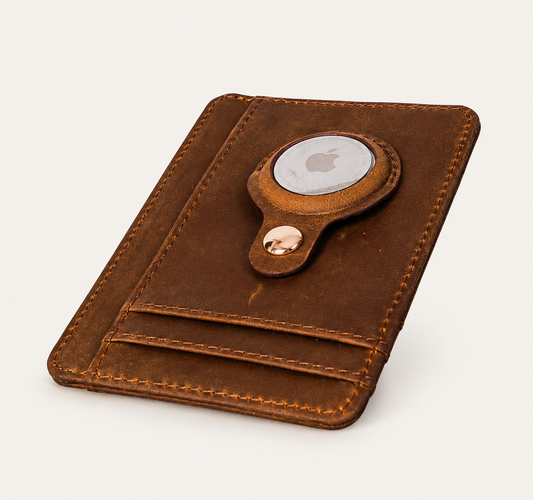 Brown genuine crazy horse leather slim wallet with seven card slots and attached Apple AirTag holder