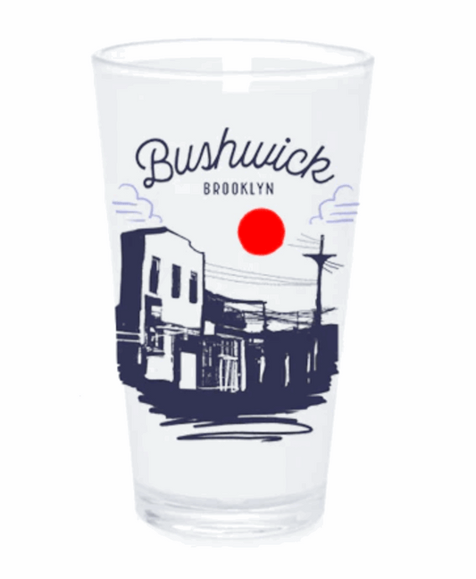 Clear glass with 'Bushwick Brooklyn' design on a white background