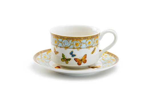 Butterflies with Blue Ornament Fine Porcelain Cup and Saucer Set of 4