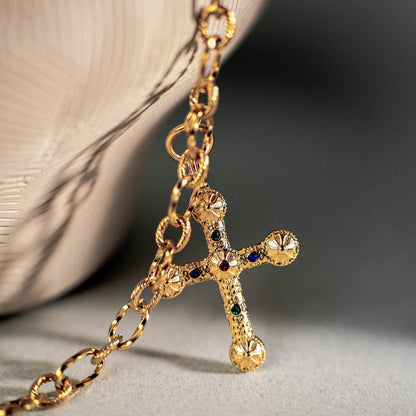 Byzantine Cross Necklace – Gold-Plated Stainless Steel with Multicolored Crystals