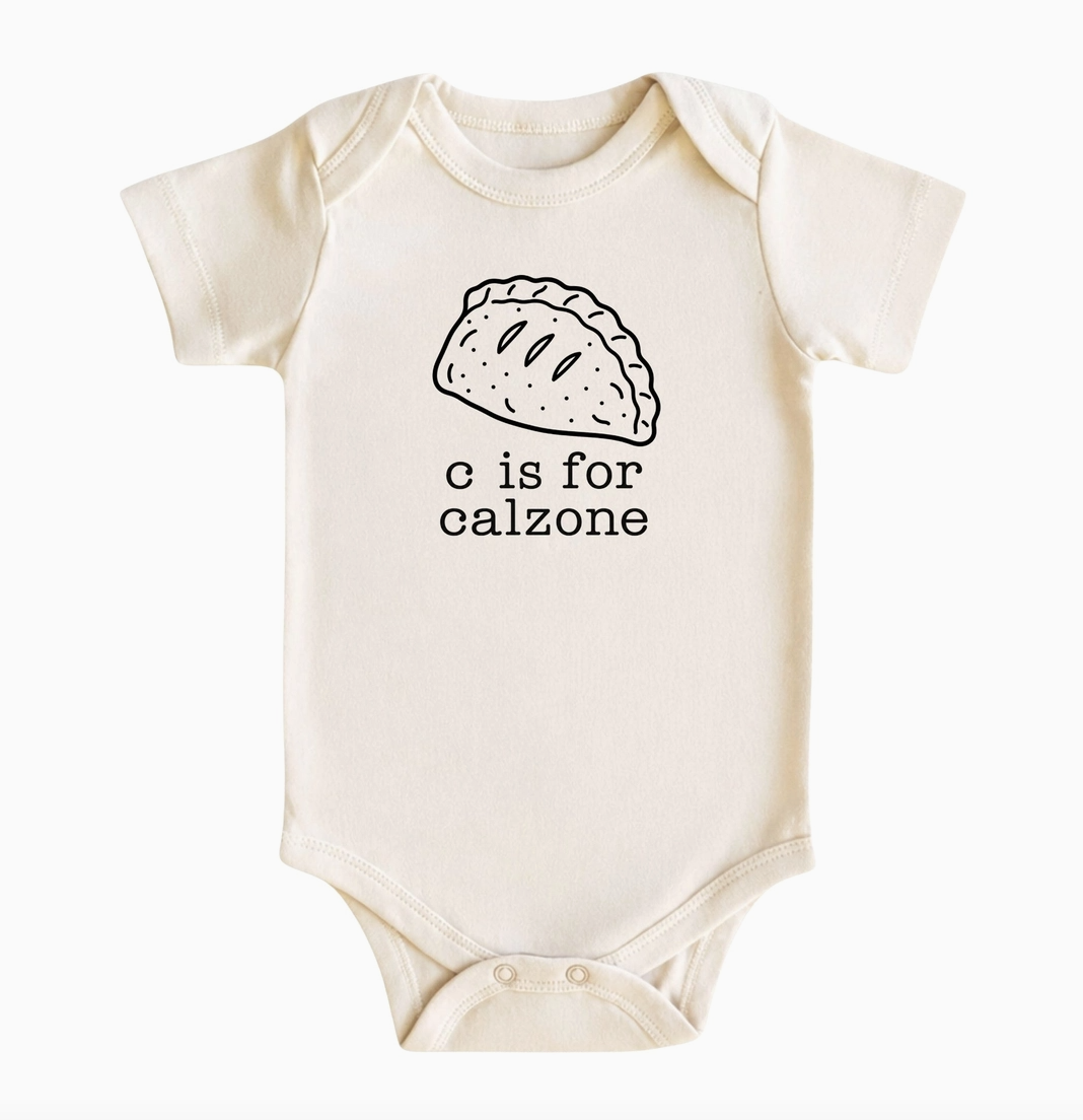 C Is for Calzone natural baby bodysuit featuring black line-art calzone illustration and playful lettering