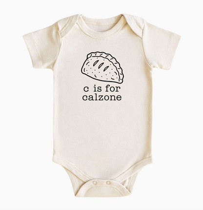 C Is for Calzone natural baby bodysuit featuring black line-art calzone illustration and playful lettering