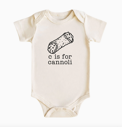 C Is for Cannoli baby bodysuit in natural with black cannoli illustration and playful Italian-inspired lettering