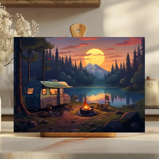 Painting of a camping scene with an RV, campfire, and sunset over a lake.