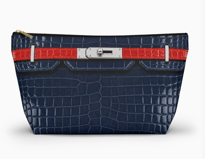 Front view of Canal Street navy faux croc large makeup bag with zipper
