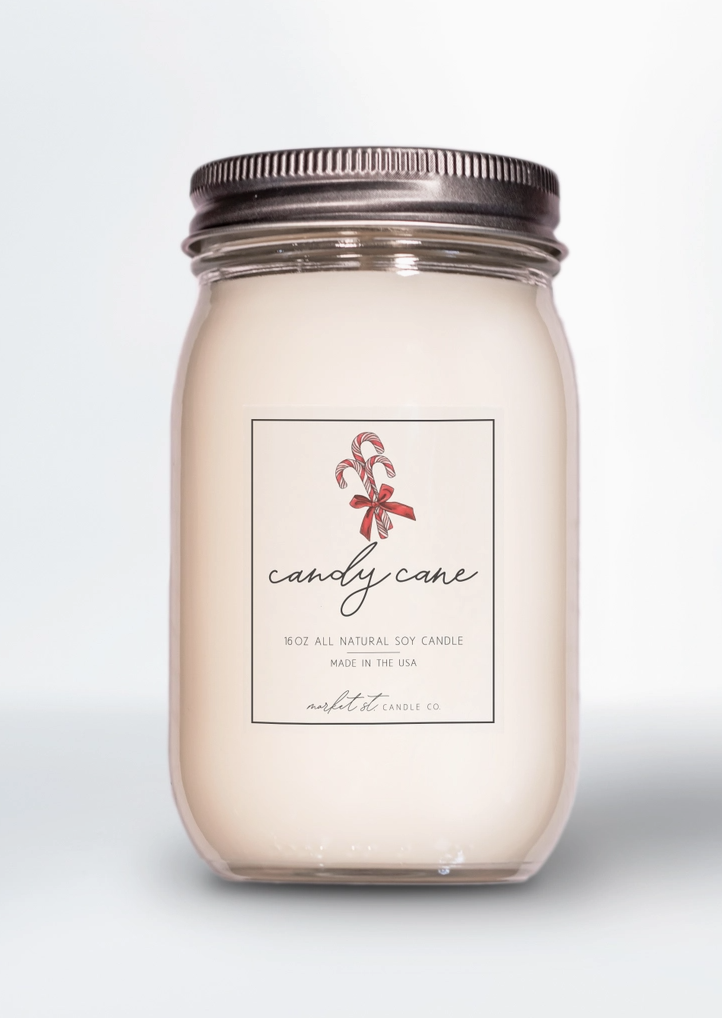 Market Street Candle Co. Candy Cane 16 oz soy candle in reusable glass Ball jar with metal lid.