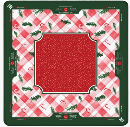 Candy Cane Lane Christmas Mahjong mat by Anders Ruff featuring watercolor pink gingham, candy canes, evergreen sprigs and red playing area.