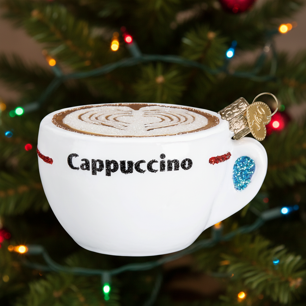 Decorative ornament shaped like a cappuccino cup with 'Cappuccino' text on a white background