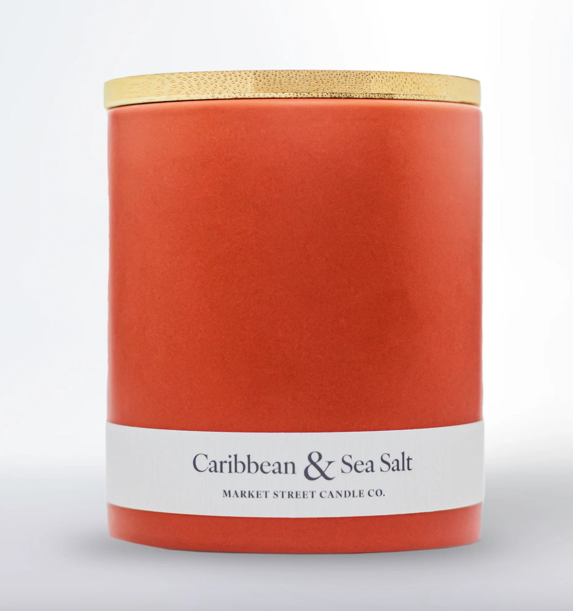 Market Street Candle Co. Caribbean & Sea Salt 12 oz single-wick ceramic candle featuring sea salt and tropical fruit fragrance notes.