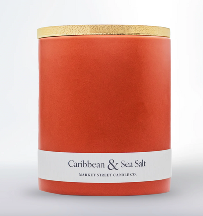Market Street Candle Co. Caribbean & Sea Salt 12 oz single-wick ceramic candle featuring sea salt and tropical fruit fragrance notes.