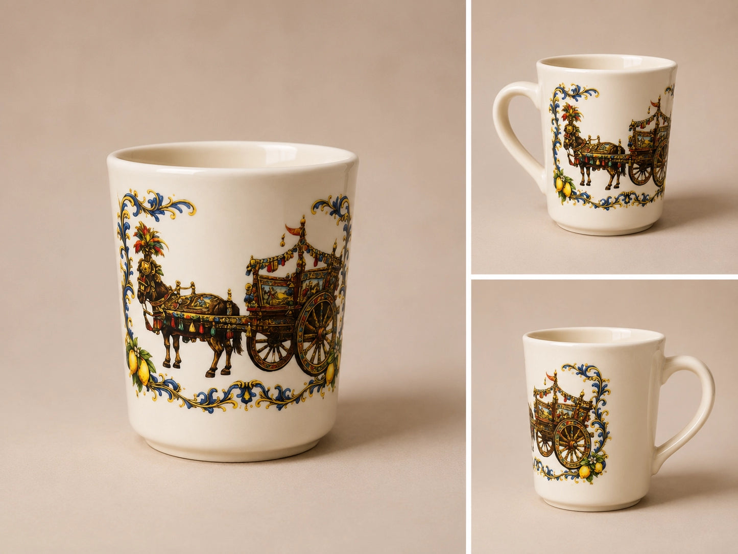 A white ceramic mug featuring a vintage horse-drawn carriage illustration, shown in a large main view and two smaller side-angle views on a warm beige background. NY Gift Boutique