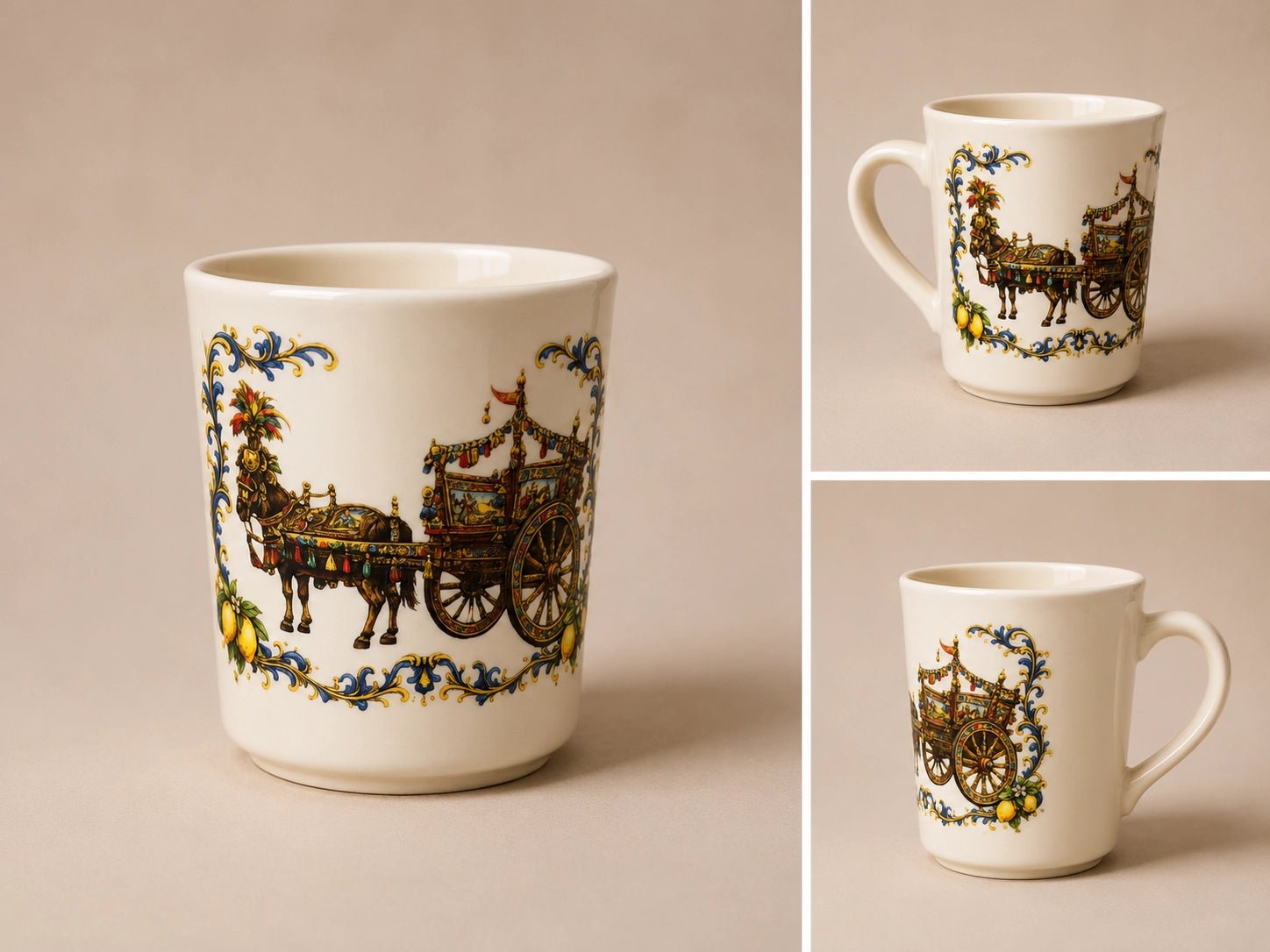 A white ceramic mug featuring a vintage horse-drawn carriage illustration, shown in a large main view and two smaller side-angle views on a warm beige background. NY Gift Boutique