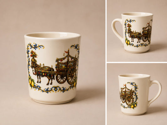 A white ceramic mug featuring a vintage horse-drawn carriage illustration, shown in a large main view and two smaller side-angle views on a warm beige background. NY Gift Boutique