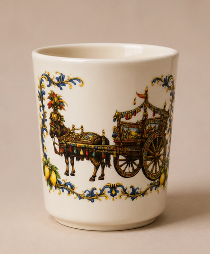 A white ceramic cup featuring a detailed illustration of an ornate horse-drawn carriage, framed by decorative blue and gold scrollwork, set against a plain beige background. NY Gift Boutique