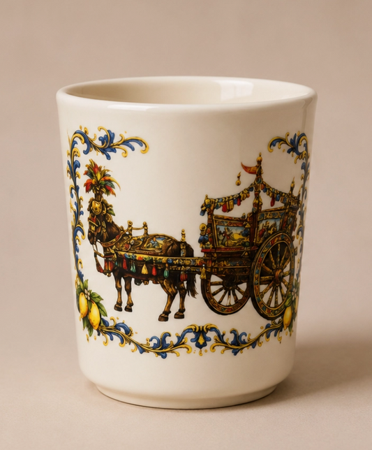 A white ceramic cup featuring a detailed illustration of an ornate horse-drawn carriage, framed by decorative blue and gold scrollwork, set against a plain beige background. NY Gift Boutique