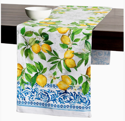 Table runner with lemon and leaf pattern on a table
