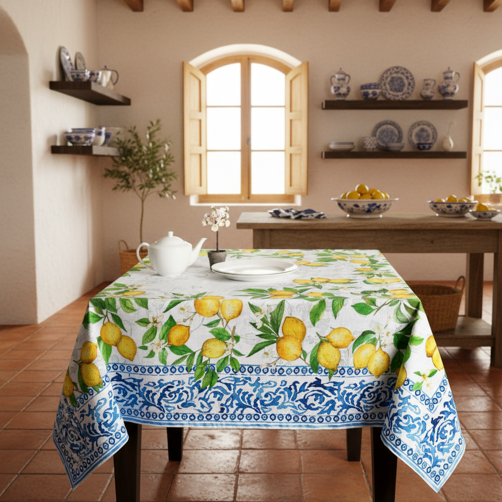 Tablecloth with lemon design on a white background