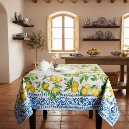 Tablecloth with lemon design on a white background